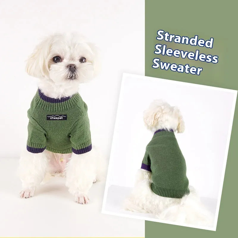 British style wool pet sweater with contrast colour legs for dogs and cats in Crown Blue, Flower Green Yellow, and Yellow Apricot