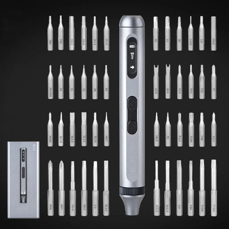 Precision electric screwdriver with aluminium alloy handle showing compact design