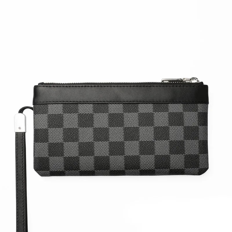Black men's leather plaid clutch wallet showing 20cm by 10cm dimensions and cowhide texture