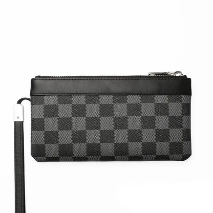 Black men's leather plaid clutch wallet showing 20cm by 10cm dimensions and cowhide texture