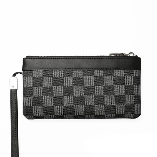 Black men's leather plaid clutch wallet showing 20cm by 10cm dimensions and cowhide texture