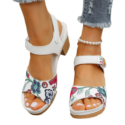 White women's high heel sandals with velcro buckle closure showing PU upper and rubber sole