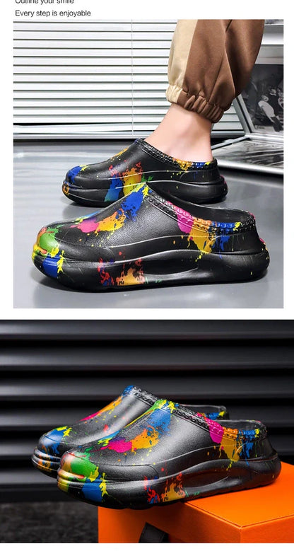 Men's black platform pump work shoes with toe cap protection and textured sole