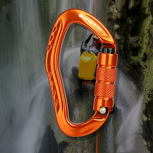 Automatic master lock climbing carabiner in silver, shown with gate open and closed.