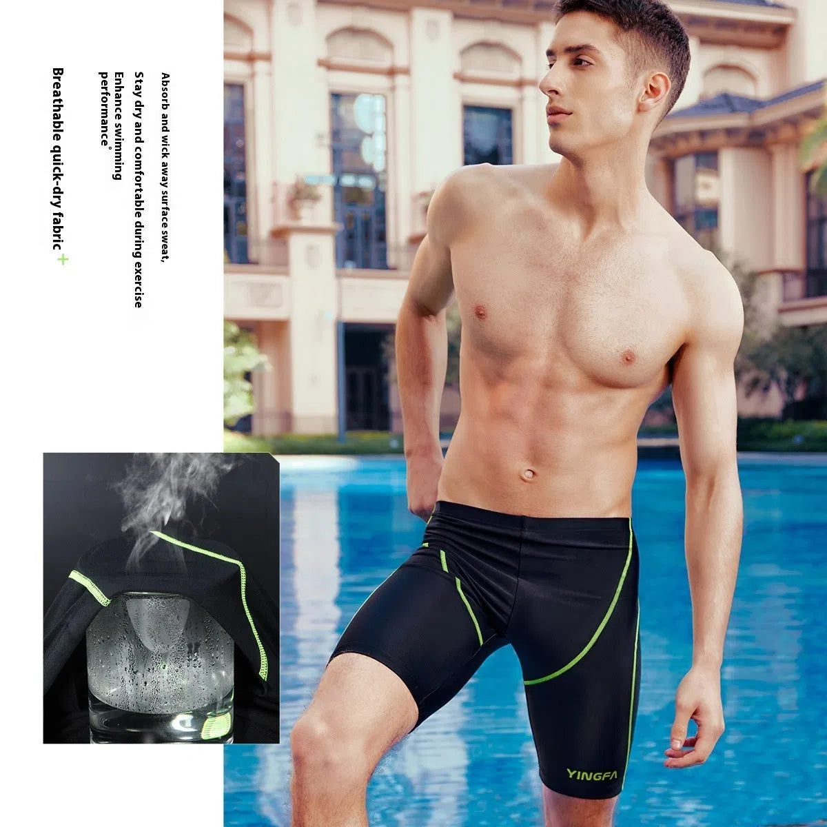 Men's black briefs-style training swimming trunks in polypropylene fibre, shown in available Asian sizes M to 3XL