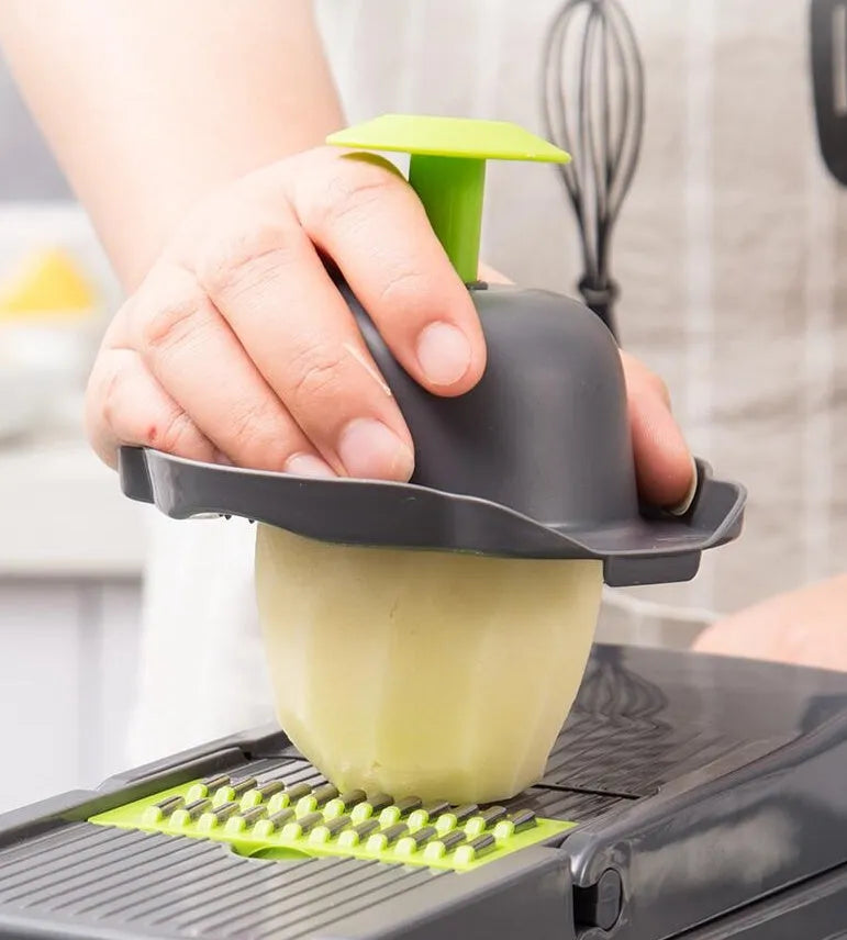 Multifunctional vegetable cutter with seven stainless steel blades on a food-grade plastic body.