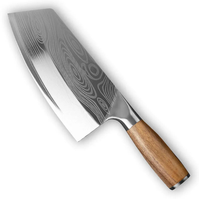 Stainless steel kitchen knife with 40cr13 steel blade measuring 320mm in length and 2.3mm in thickness for professional and home cooking tasks, featuring an ice and fire forged blade construction designed for sharpness and durability.