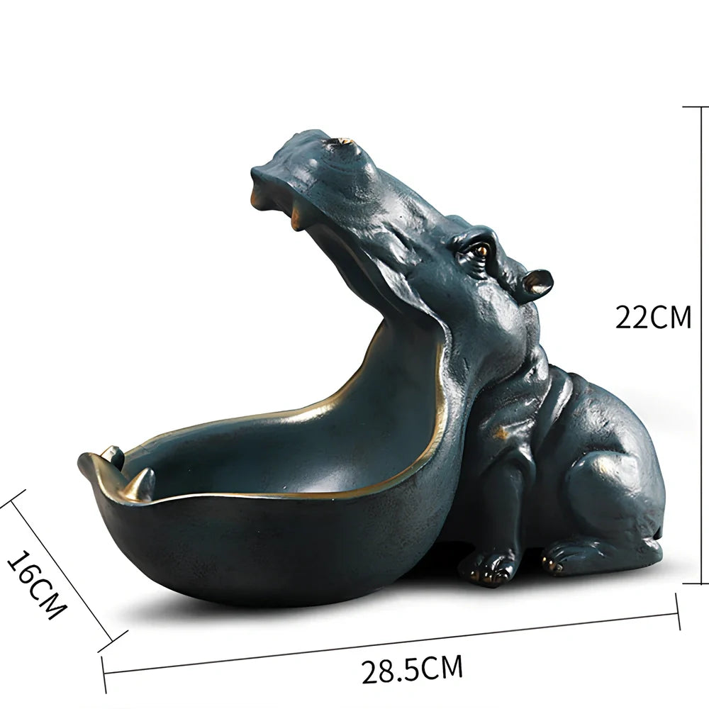 Handmade blue resin hippo storage figurine with removable top showing interior compartment