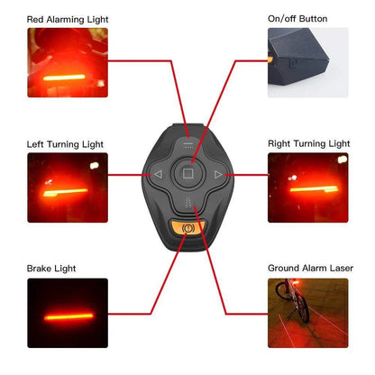 Brilliant bicycle tail light with wireless remote control, turn signals, and ground lane projection for enhanced visibility and safety