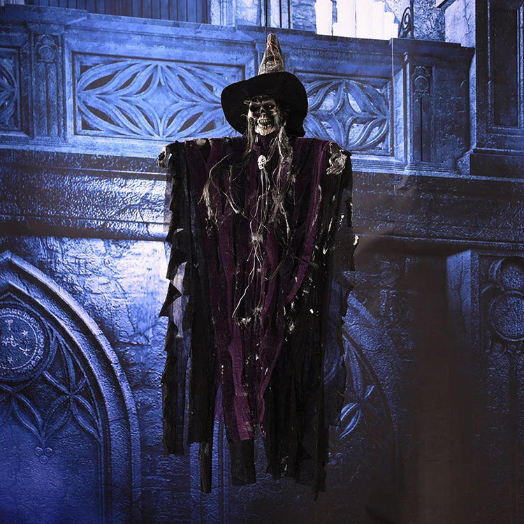 A spooky hanging skeleton ghost decoration with a chilling howl and flashing red eyes