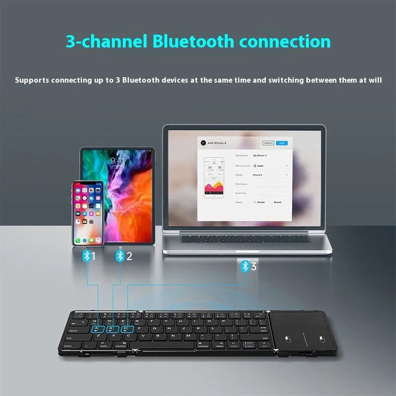 Black folding Bluetooth keyboard with choice of digital board or touchpad interface for tablets