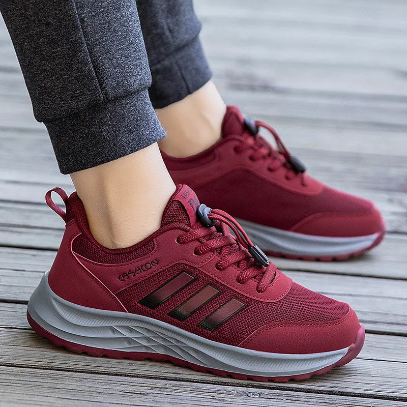 Breathable mesh slip-on mom shoes for men and women in black, dark grey, purple, and purplish red colours.