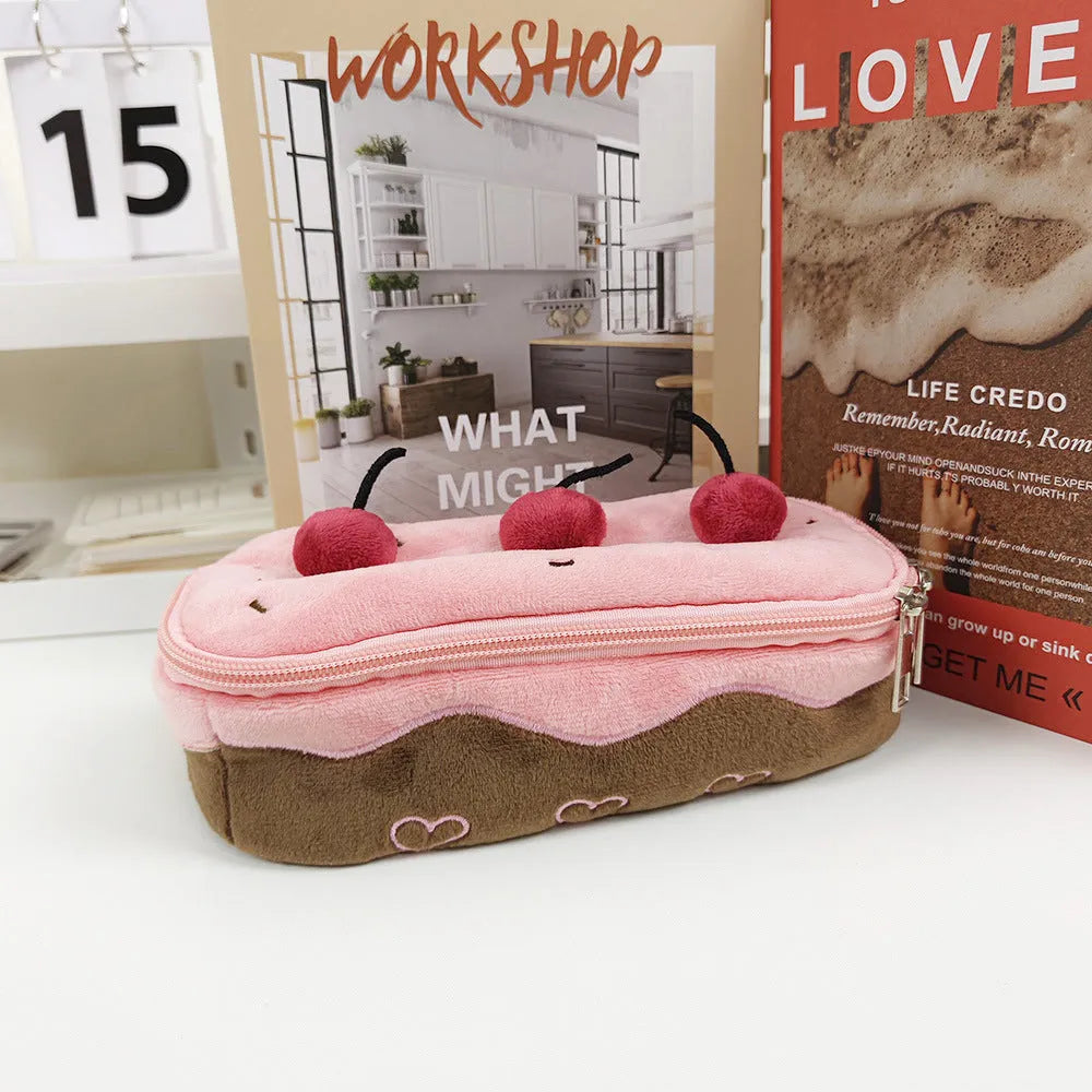 Cherry Cake plush pencil bag in velvet with zip closure, measuring 20cm long
