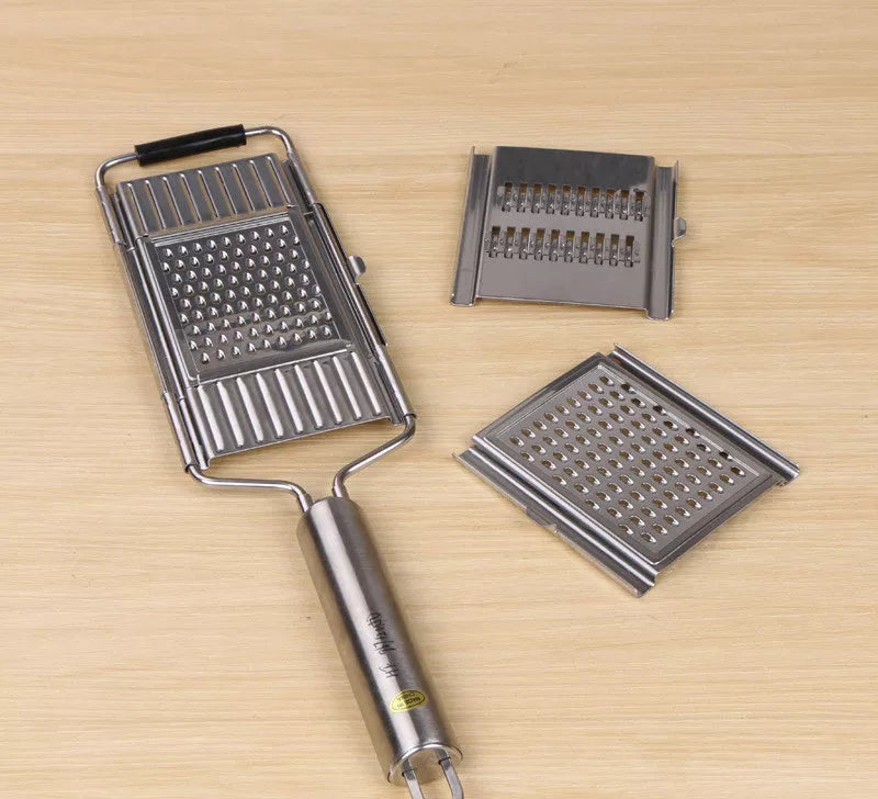 Stainless steel grater and slicer set with non-slip handle for efficient kitchen prep