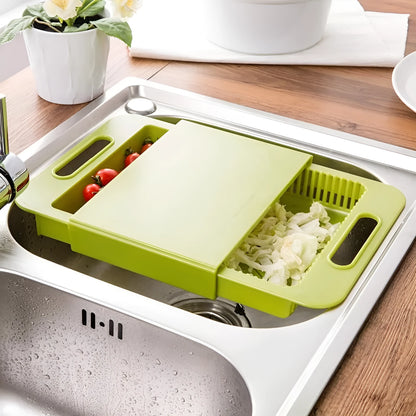 Blue multifunction kitchen chopping board with integrated drain basket and TPE handle