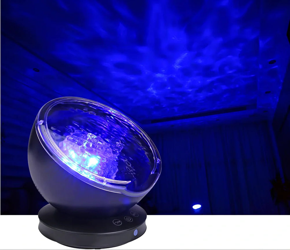 White and blue ocean wave projector measuring 13x12x12 cm with remote control