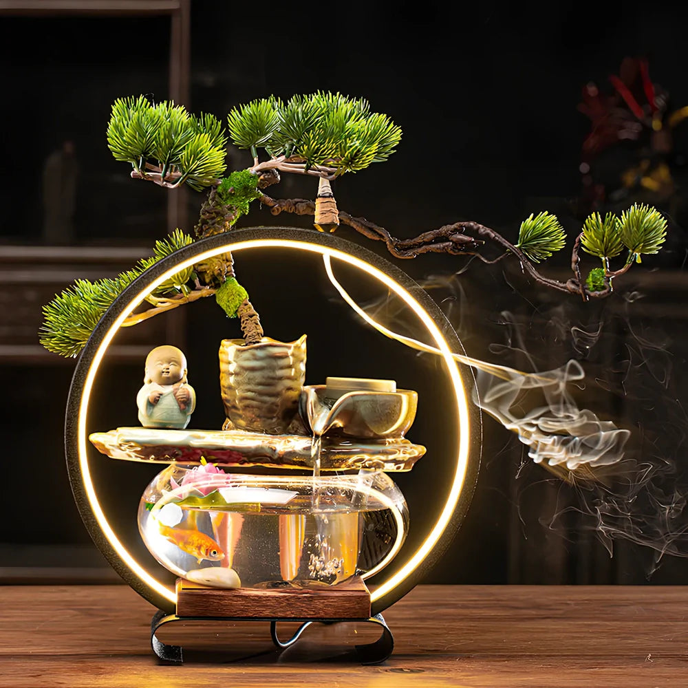 Ceramic water fountain fish tank lamp with stone mill design and integrated LED lighting