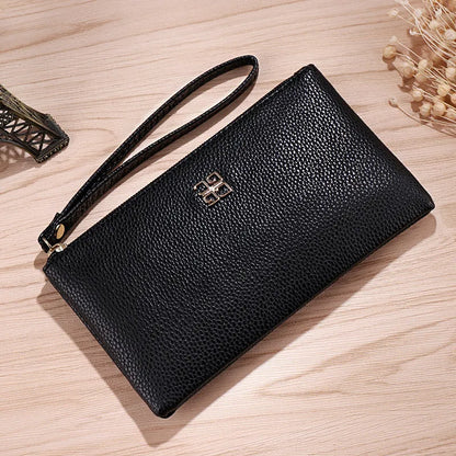 Long 55 cm PU leather wallet handbag in wine red colour with zipper closure open showing interior phone pocket and card slots