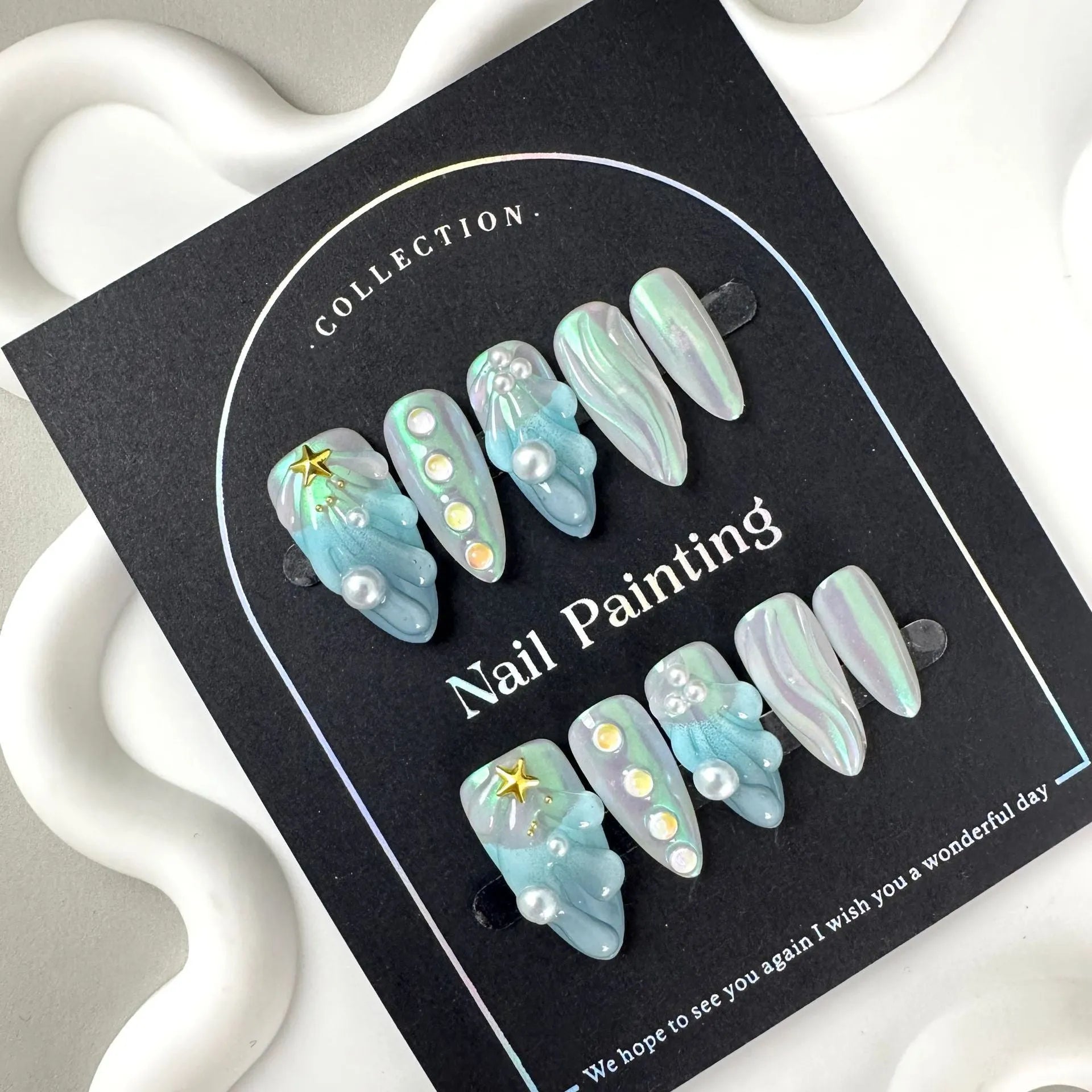 HAILANG blue shell design plastic false nail tips in sizes XS S M L