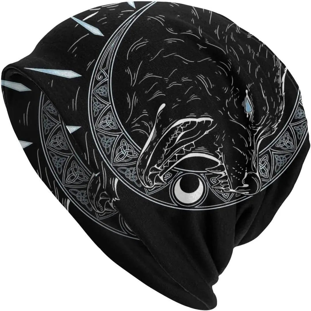 A black cotton hat with a white Viking wolf graphic and an elasticated sleeve cap construction.