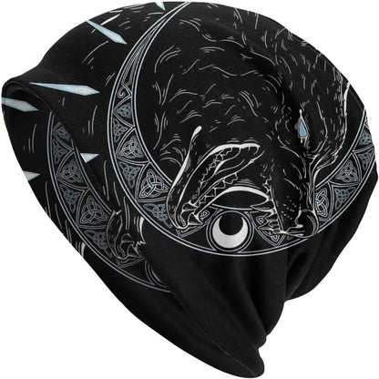 A black cotton hat with a white Viking wolf graphic and an elasticated sleeve cap construction.