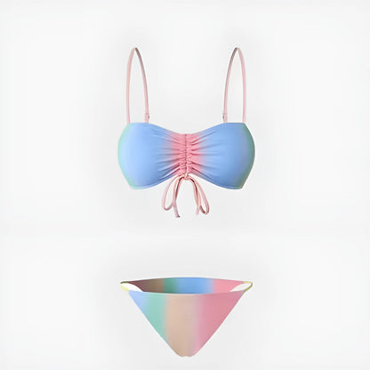 Women's lace-up front triangle top bikini swimsuit in a colour-matching style.