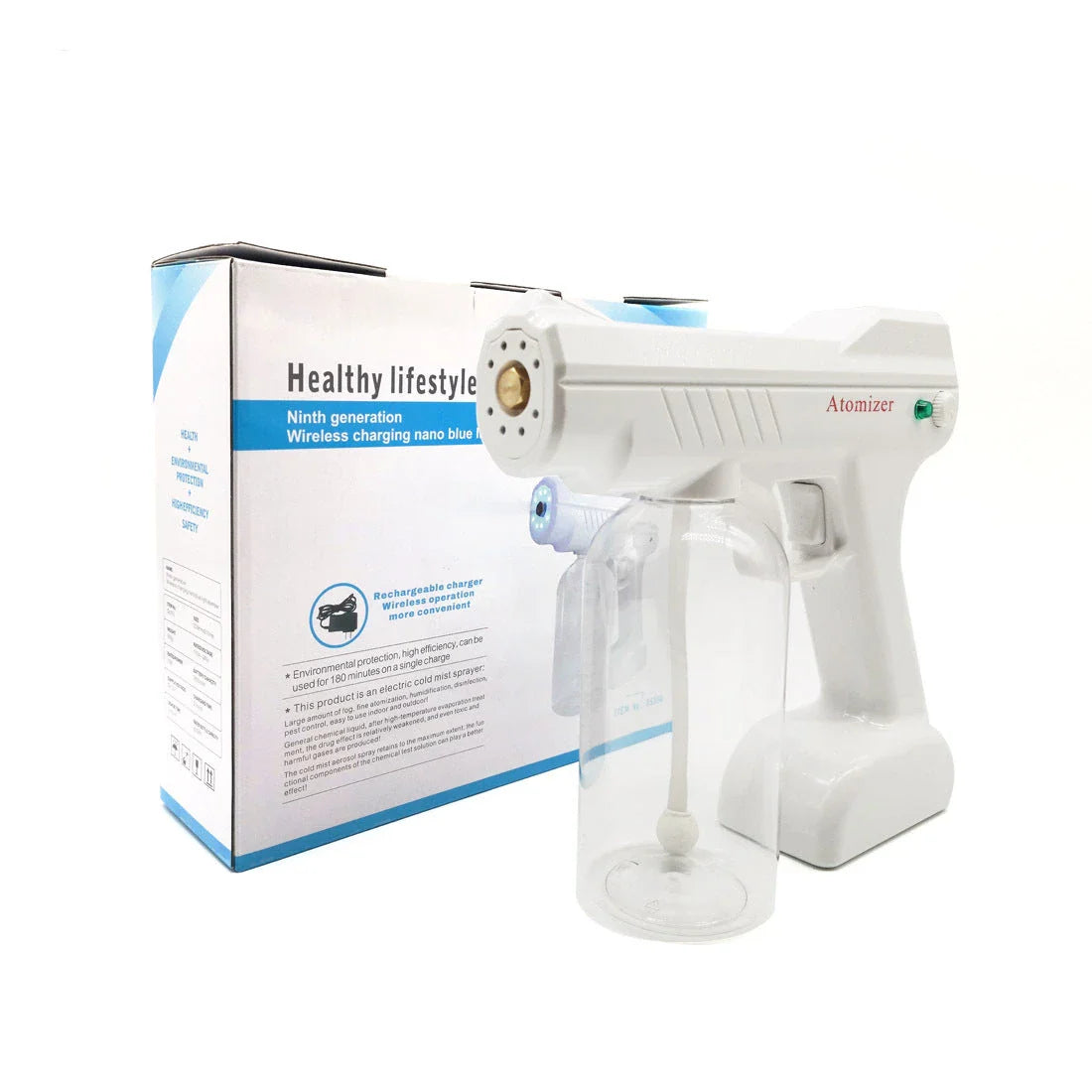 Cordless atomizing disinfectant sprayer with adjustable mist output, long-lasting battery, and durable brass nozzle for efficient sanitization