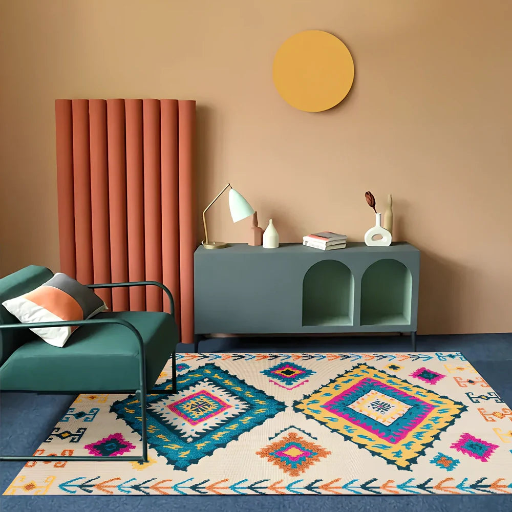 Rectangular boho-style polyester rug in various colours and sizes, machine-woven for consistent texture