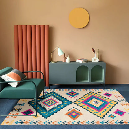 Rectangular boho-style polyester rug in various colours and sizes, machine-woven for consistent texture