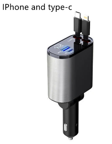 A sleek, metal 100W car charger with USB and Type-C ports for fast charging on the go