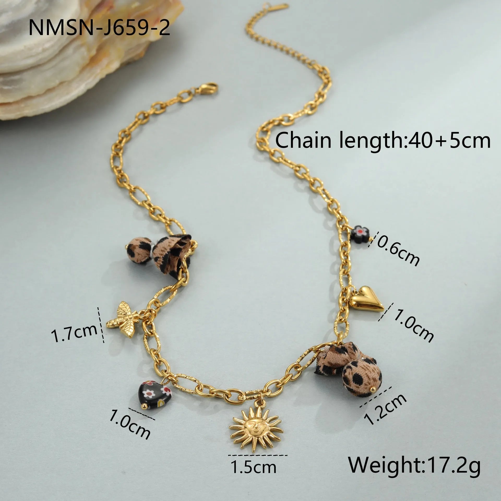 Geometric leopard pendant necklace with love heart flowers on adjustable stainless steel chain
