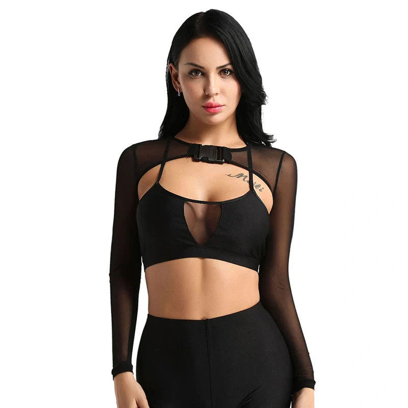 Women's transparent mesh crop top with long sleeves and front button closure