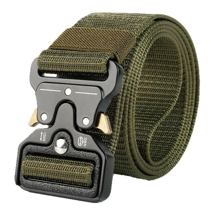 Men's thick canvas tactical belt with an alloy release buckle, shown in Army Green colour.