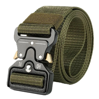 Men's thick canvas tactical belt with an alloy release buckle, shown in Army Green colour.