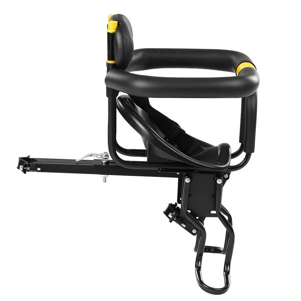 Front-mounted bicycle child seat with steel frame construction in black colour