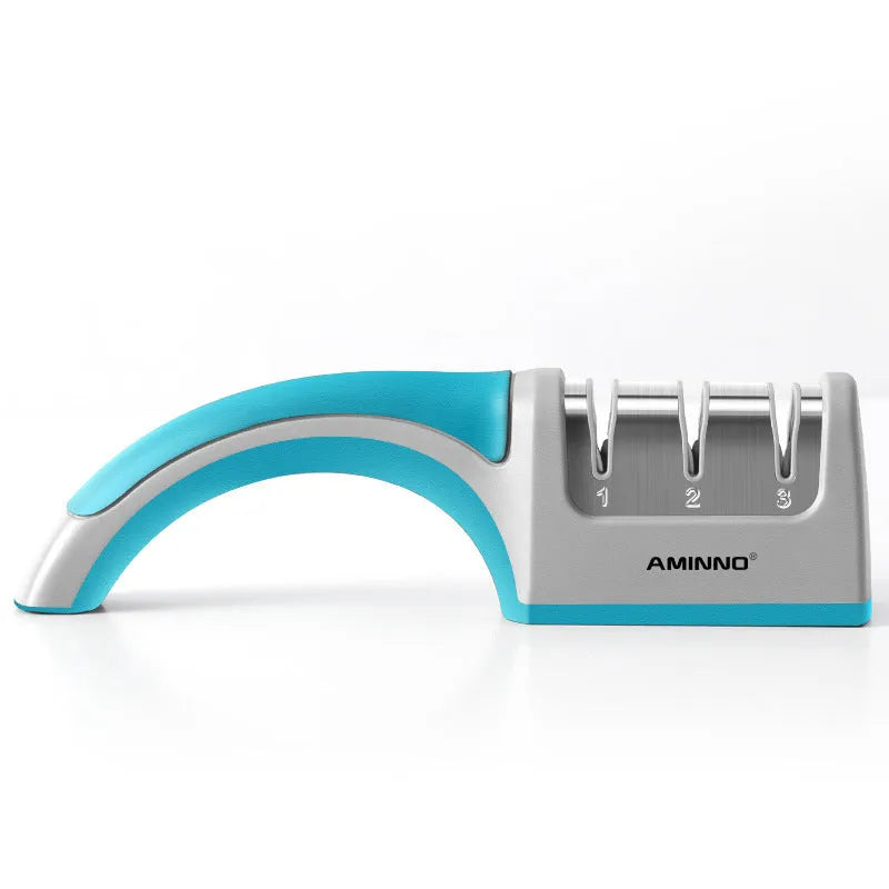 Black and cyan four-in-one kitchen knife sharpener with multiple sharpening rods on display