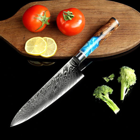 Premium 67-layer Damascus steel chef's knife with elegant brocade pattern, durable corrosion-resistant construction, and ergonomic handle for exceptional cutting performance