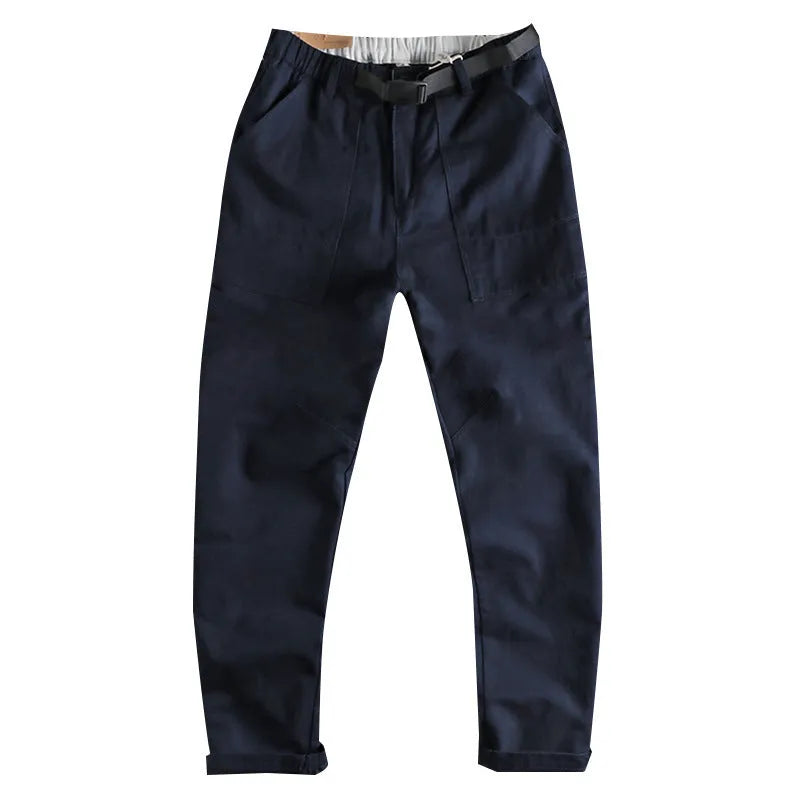 Men's khaki work trousers with N I buckle belt and three-dimensional cutting design