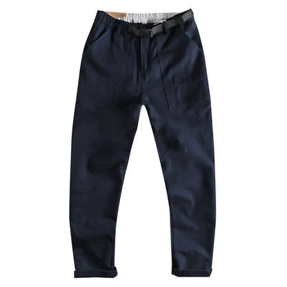 Men's khaki work trousers with N I buckle belt and three-dimensional cutting design