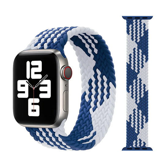 Apple Watch with elastic braided nylon strap in single-loop design showing stretch capability