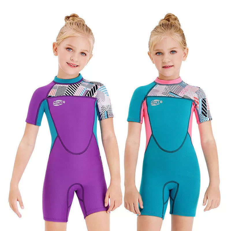 Girls' neoprene short-sleeved swimwear in blue and purple for all-season water sports
