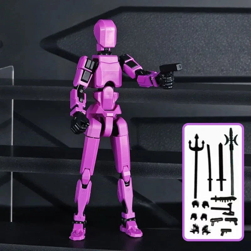 Highly posable 3D printed robot mannequin toy with interchangeable accessories, including wings and weapons