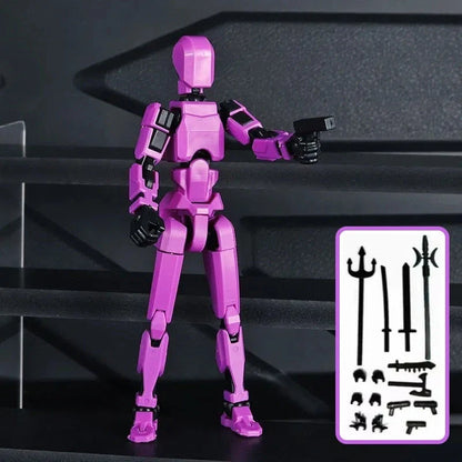 Highly posable 3D printed robot mannequin toy with interchangeable accessories, including wings and weapons