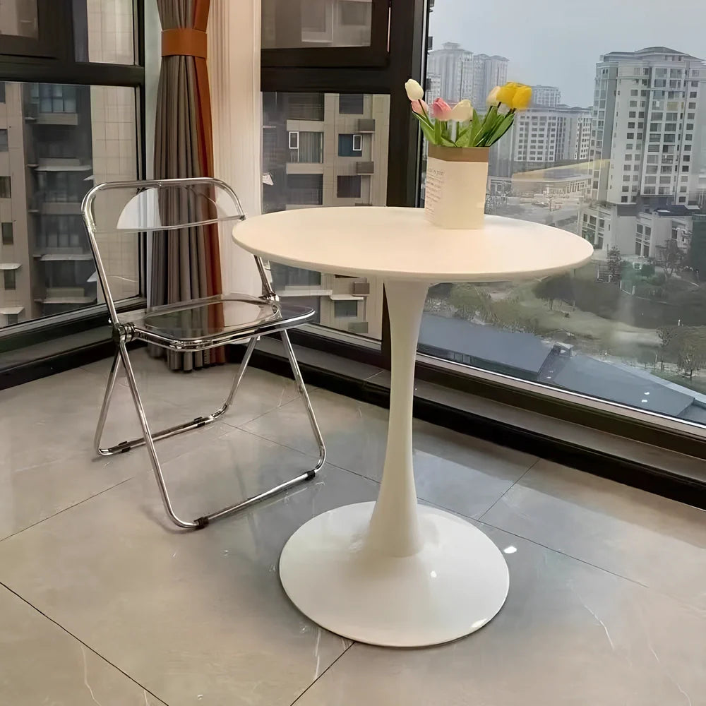 Scandinavian style coffee table with folding chairs in white finish, 60cm diameter