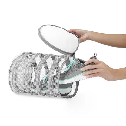 Thick mesh shoe bag with hanging loops, size 18x40cm, made of durable polyester