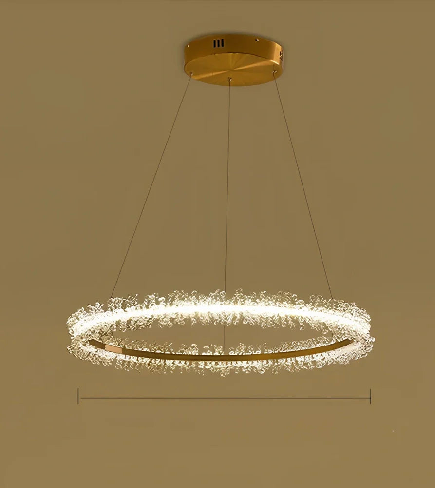 Gold electroplated crystal chandelier with remote control, adjustable height mechanism, and multiple LED lights
