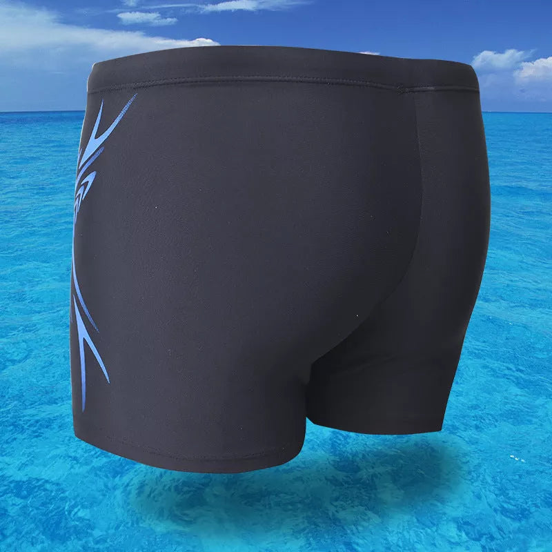 Men's boxer swimming trunks in dark blue and black, featuring quick-dry lining and stretch fabric
