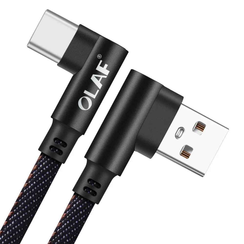 USB fast charging cable with a denim fabric exterior and aluminium connectors, shown in multiple colour options.