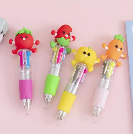 Cartoon-themed four-colour press ballpoint pen with 0.7mm tip showing random design selection