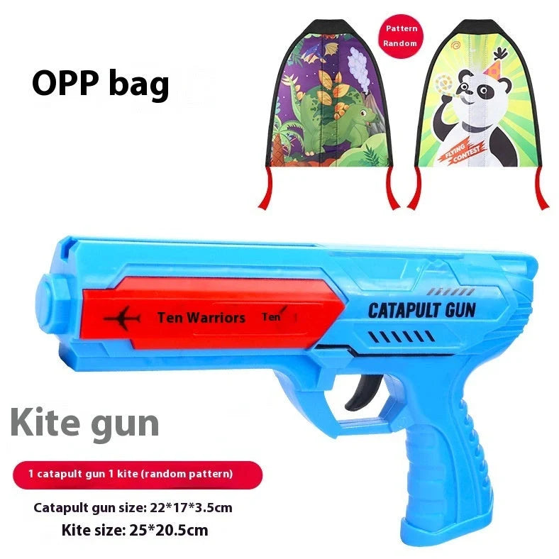 Blue plastic kite gun toy with rubber band launcher and 90g kite for children's outdoor play